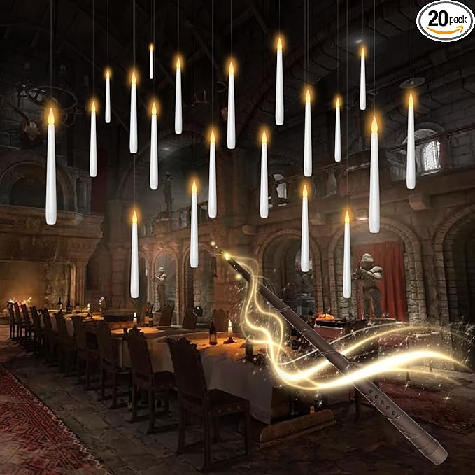 Flameless Floating Candles with Wand，20 Pcs Magic LED Hanging Taper Candles，Flickering Battery Operated Taper Candle with Wand Remote for Halloween Decorations Best Gift（White）