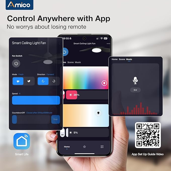 Amico Ceiling Fans with Lights, 52'' Smart RGB Ceiling Fan with Remote/APP/Alexa Control, Flush Mount, Reversible DC Motor, 5 Blades, 6 Speeds, 3CCT, Dimmable, Noiseless, Bedroom, Living Room, Black