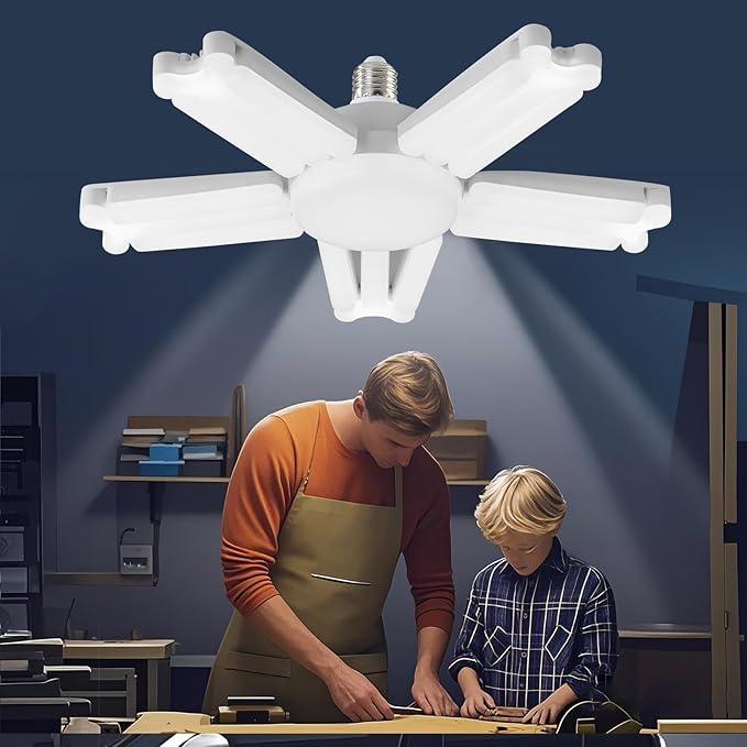 2 Pack Garage Light Super Bright 6500K LED Ceiling Lamp Deformable Screw in E26/E27 Shop Light for Workshop Basement Attic Warehouse
