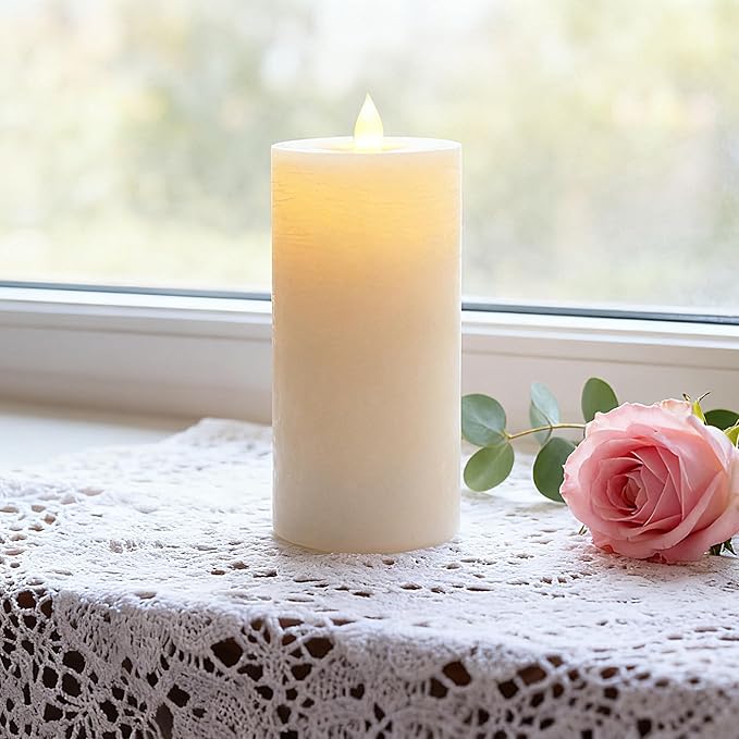 Flickering Flameless Candle with 3D Moving Flame, with Remote and Timer, Real Wax Candles, LED Pillar Water Ripples Battery Operated Candle for Wedding, Christmas, Home Decor(Ivory)