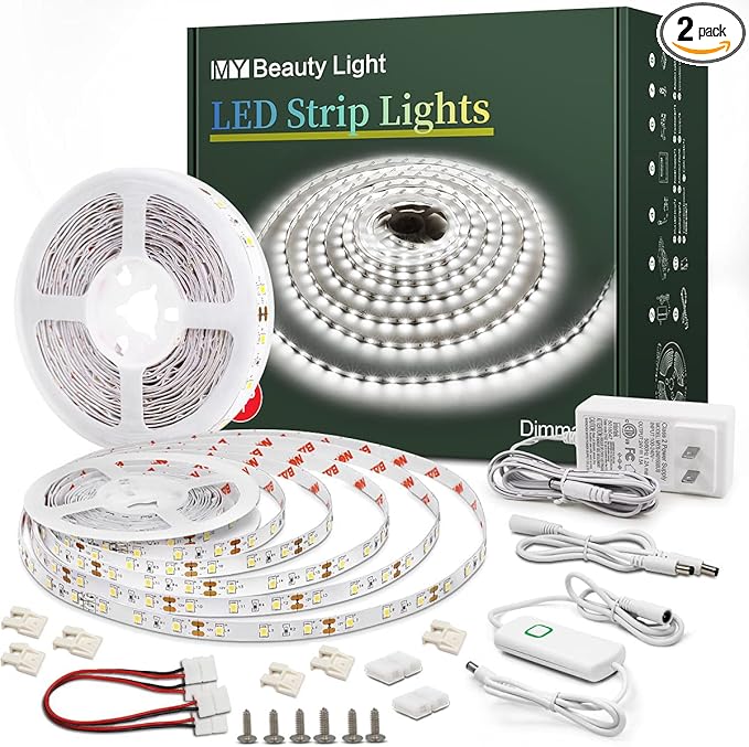 Led Strip Lights 50.5ft White Dimmable Led Light Strip Flexible Rope Lights Kits with 24v Etl Power Supply, Adhesive Clips, Dimmer Switch and Connectors for Indoor Decor