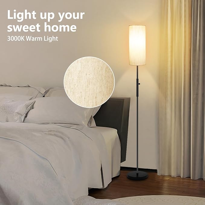 Floor Lamps for Living Room, Modern Standing Lamp, Minimalist Pole Lamps, Stepless Dimmable 9W Bulb Included, Tall Lamp with Linen Shade, Lamps for Bedroom, Office, Kids Room, Reading Light