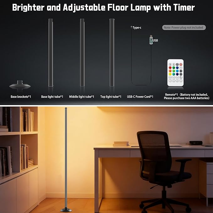 Led Corner Floor Lamp USB Powered with App & Remote Control, Color Changing Led Lamp Music Sync IC+RGBW, Timer, 64+ Music Modes, Standing Lamps for Living Room Lamp Bedroom Gaming Room, 1 Pack