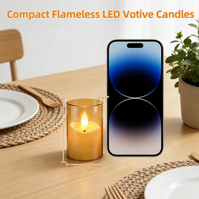 Rechargeable Acrylic Flameless LED Candles with Timer Control, Long Lasting Electric Tealights, Flickering Warm Glow Votive Candles for Holiday & Daily Decoration, (Set of 6, Amber)