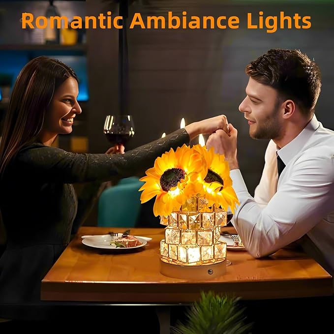 Sunflowers Flower Lamp,Rechargeable Cordless Touch Table Lamp for Bedroom,3-Colour Dimming Small Night Light,Crystal Bedside Lamps with USB Charge,Birthday Valentines Day Gifts for Women,Mom,Wife