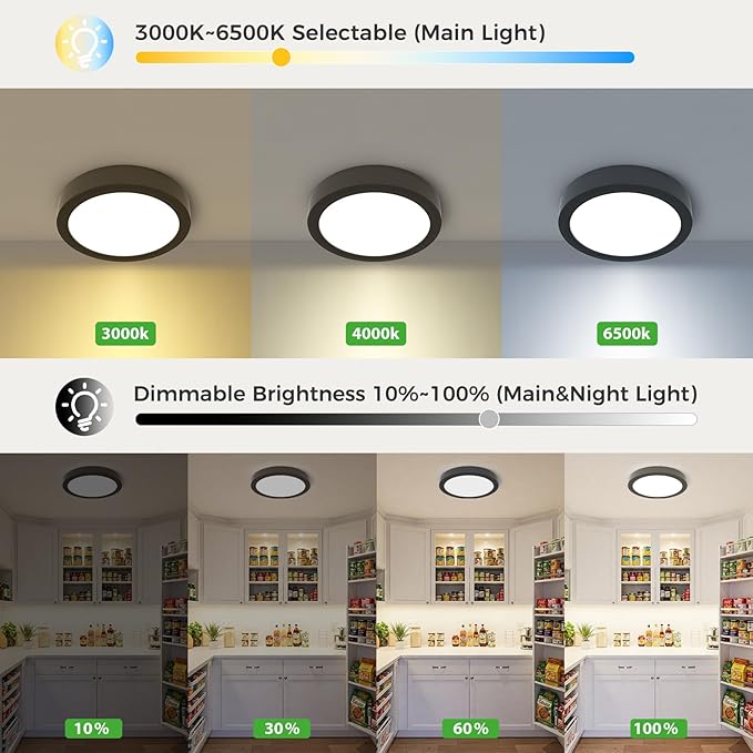 zemty 7 Inch LED Ceiling Light with Night Light 1800K, 2 Pack 3000K/4000K/6500K Dimmable Light Fixtures with Remote Control,12W 1200lm Flush Mount Ceiling Lamp for Bedroom Bathroom Kitchen-Black