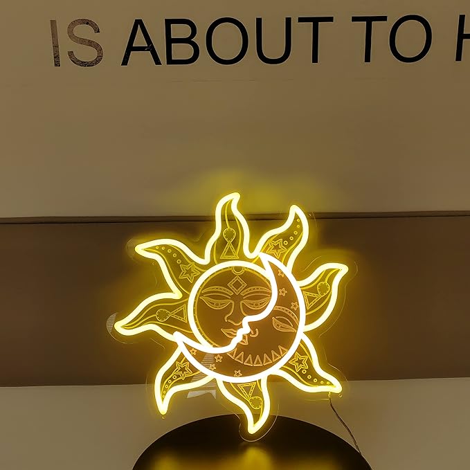 Sun Moon Neon Sign - Retro Vintage Funny Psychedelic Mystic Burning Led Neon Light, Handmade Aesthetic 3D Engraving Night Lamp for Wall Decor Bedroom Birthday Gift Home Party - 15''
