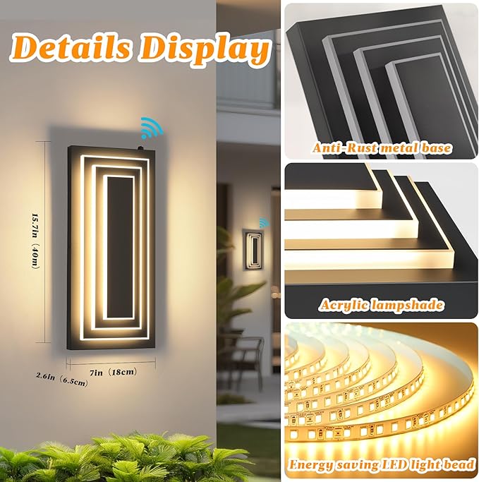 Dawn To Dusk Outdoor Light Fixture Modern Exterior Wall Light, 3-Tier Black Outdoor Wall Sconce, 15.7 IN Outdoor Lights For House,Front Door, Patio, Warm White 24 W Outside Porch Lights 2 Pack