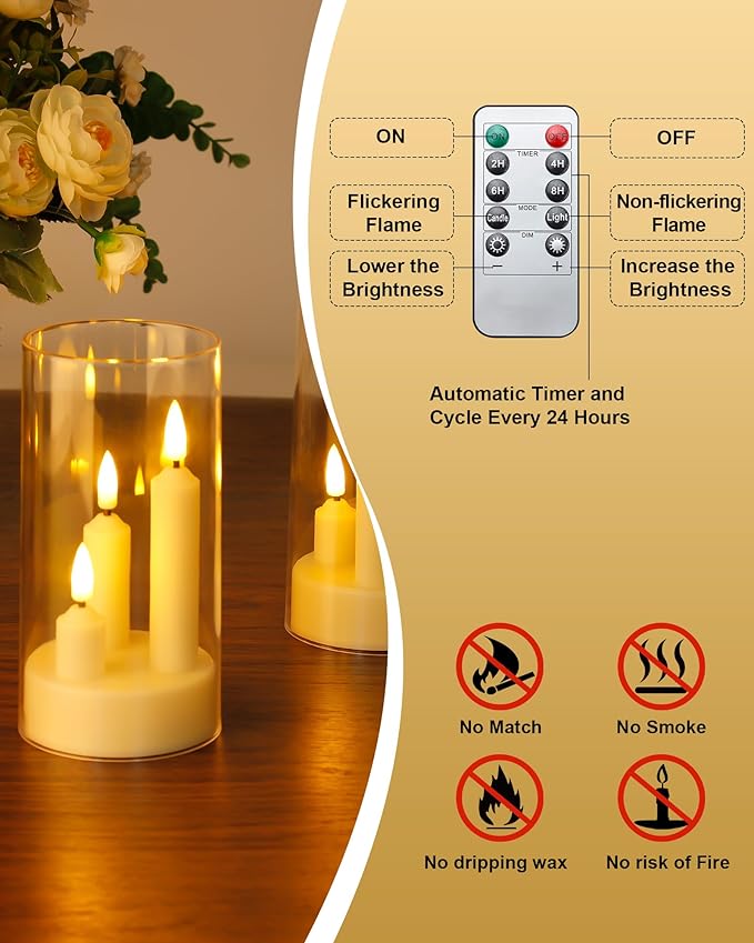 Enido 2 Pc Flameless LED 3-in-1 Taper Candles with Remote & Timer, Battery Operated Acrylic Pillar Set, 3" x 6" Flickering Electric Lights for Cozy Home & Holiday Romantic Decor (Clear)