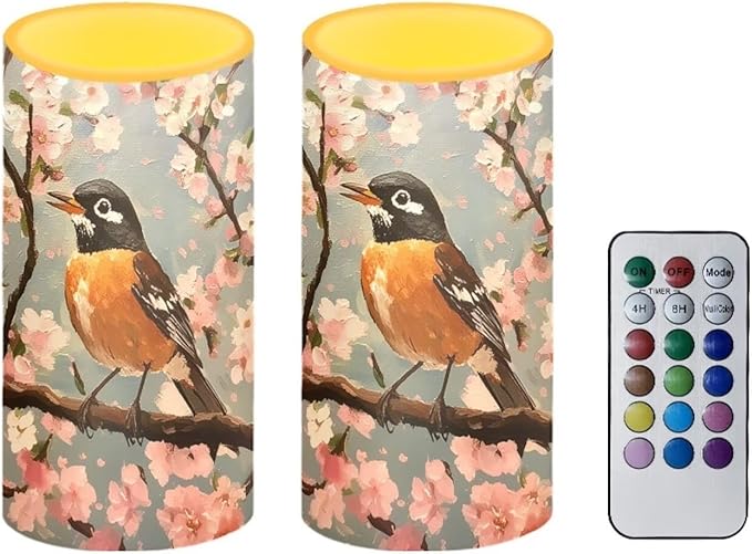 Robin Flower Flameless Candles 2 Pack 6 x 3 inch Battery Operated Candles with Multicolor Timer Remote Control LED Fake Candles for Warm Light Dinner Table Home Decor