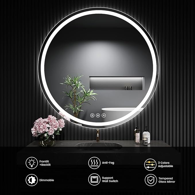 LED Bathroom Mirror 32 Inch Round Bathroom Mirror with Lights, Circle Wall Mirror with 3 Colors Brightness, Anti-Fog for Bathroom Vanity, Entryway Living Room