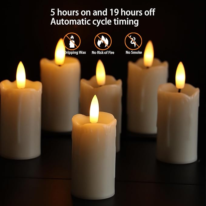 Battery Operated Plastic Flameless LED Drip Votive Candle with Cycling Timer, 6 Pack Flickering Realistic Electric Light for Indoor Bookshelf Wedding Dinner Party Centerpiece Fireplace X-mas Decor