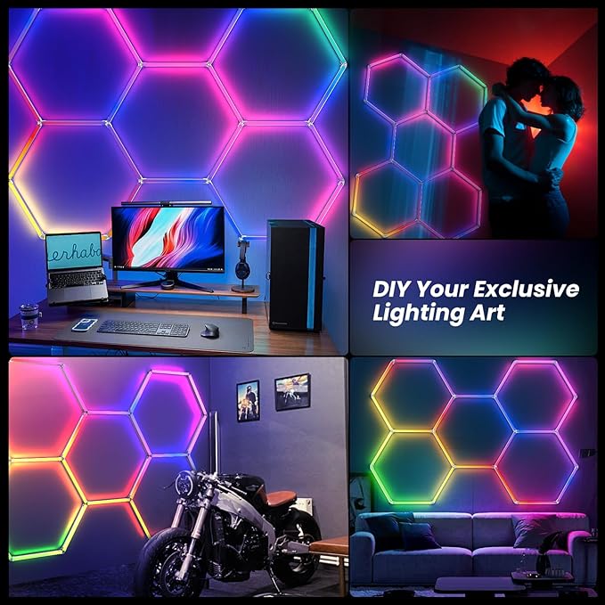 RGB Hexagon LED Light 5-Grid | Hexagon Garage Lights | 356 Color Modes | Music Sync | Smart App & Remote Control | Gaming Room Garage Bedroom Lighting