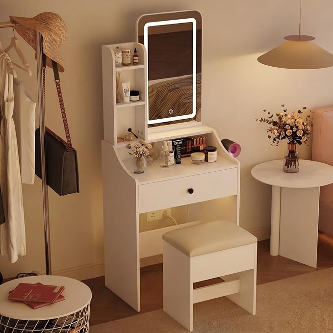 DUMOS Makeup Vanity Desk, Vanity Table Set with Mirror and Lights, Small Vanity with Storage Bench, Charging Station and Hair Dryer Holder, Dressing Table with Drawer and Three Shelves, White