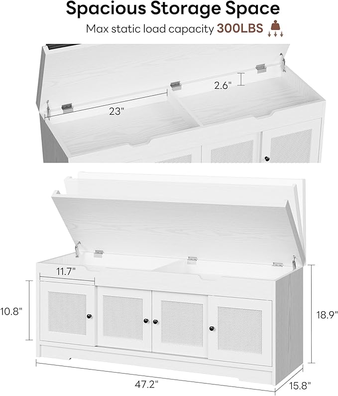 LIKIMIO 47.2" Shoe Bench with Lift Top Storage, Entryway Bench with Cushioned Seat, 2-Tier Rattan Shoe Cabinet with Adjustable Shelf, Storage Bench for Bedroom, Living Room, Hallway, White