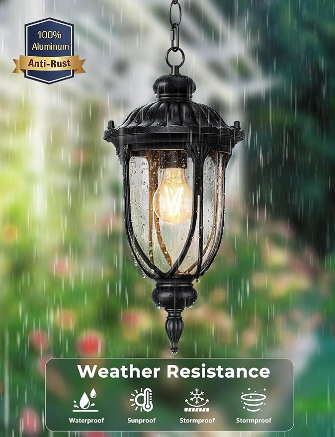 Lotsky Outdoor Hanging Lights with Motion Sensor, 15'' Dusk to Dawn Exterior Pendant Light for Porch, Anti-Rust Aluminum & Seed Glass Lantern, Outside Chandelier for Gazebo, Patio, Yard Black