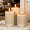 DRomance Battery Operated Flameless Candles with 6 Hour Timer 3 Pack Real Wax Vertical Stripe 3D Wick Flickering LED Pillar Candles Dinner Wedding Christmas Holiday Decor(Beige, 3" D x 5", 6", 7" H)
