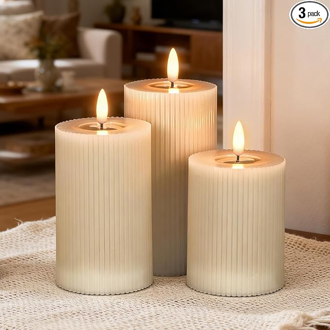 DRomance Battery Operated Flameless Candles with 6 Hour Timer 3 Pack Real Wax Vertical Stripe 3D Wick Flickering LED Pillar Candles Dinner Wedding Christmas Holiday Decor(Beige, 3" D x 5", 6", 7" H)
