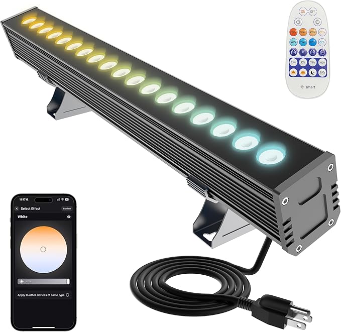 Smart LED Light Bar 20" – WiFi App & Remote Controlled RGB Wall Washer, 2700K-6500K Tunable White, 100% Dimmable IP65 Waterproof Outdoor Light Fixture, Voice Control, for Patio Garden Stage