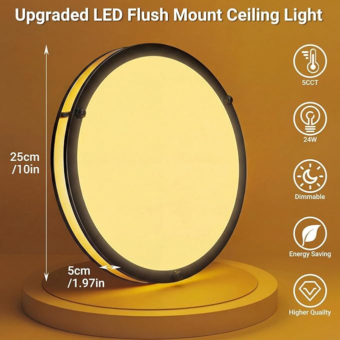 libtit 10Inch Flush Mount Ceiling Lights, 18W Dimmable LED Ceiling Light 3000K-6500K Adjustable, Round Slim Black Light Fixture for Hallway Kitchen Bathroom Closet-1 Pack