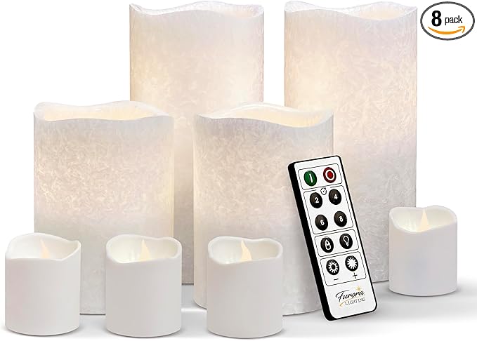 FURORA LIGHTING White Crystallized Real Wax LED Candles with Remote and 6/18 Timer, 4 Pillars and 4 Votives Pack of 8, Flameless Flickering Candles for Home Décor, Battery Included