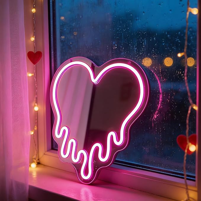 Y2K Pink Heart Neon Sign, Melting Heart Neon Mirror Light, Heart vanity mirror with lights, Love Shaped LED Wall Decor for Bedroom, Girls Room,Studio, Party, Wedding, Gift for Valentine's Day, Birthday, Anniversary