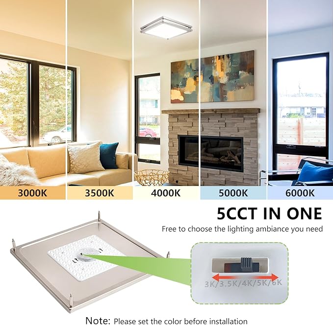Square Flushmount Ceiling Light - 36W 3000K/3500K/4000K/5000K/6000K Dimmable Bright Led Light for Bathroom Bedroom Kitchen Hallway (2 Pack Brushed Nickel (5CCT), 12 Inch)