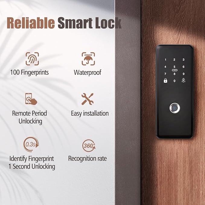 Smart Fingerprint Deadbolt Lock with App Control – 5-in-1 Keyless Entry (Fingerprint, App, Passcode, Card, Key), Tuya WiFi Smart Lock for Wooden, Metal & Framed Glass Doors