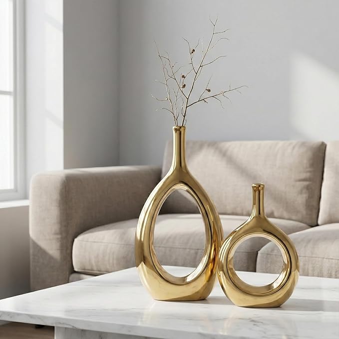 Glossy Gold Vase Ceramic Gold Vases Home Decor,Modern Minimalist Circle with Hole Decorative Vase, Hollow Ellipse Flower vases for Bookshelf, Fireplace Mantle, Centerpieces,Farmhouse,Rustic Décor