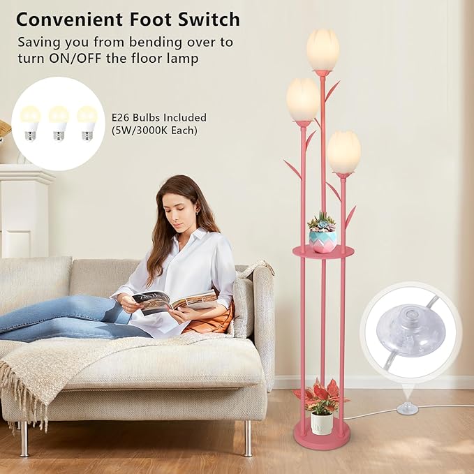 Pink Floor Lamp for Bedroom, 3-Light Flower Floor Lamp with Table, Corner Standing Lamps for Living Room, Tall Flower Lamp for Office, Girls Room, Unique Lighting Decor (Bulbs Included)