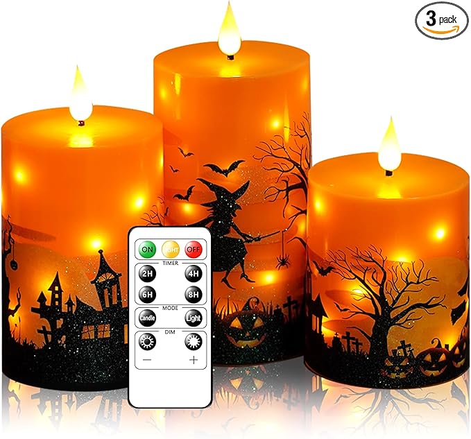 Flameless Candles Real Wax Realistic Halloween Candles, Battery Operated LED Pillar with Remote Timer, Ideal for Halloween Home Decor（D 3"*H 4" 5" 6" ）