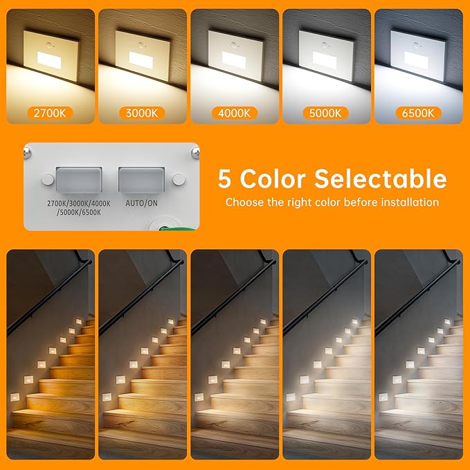 LED Step Lights Indoor Motion Sensor, 4W 300LM 0%-100% Stepless Dimmable 120V Hardwired Stair Lights Outdoor, IP65 Waterproof, 5CCT Staircase Lighting, 2700K/3000K/4000K/5000K/6500K, ETL, 12 Pack