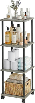 Bathroom Shelving Unit with Wheels, 4-Tier Narrow Open Floor Shelves, Metal Corner Slim Storage Rack for Bathroom Laundry Room Kitchen Living Room, Oak Grey