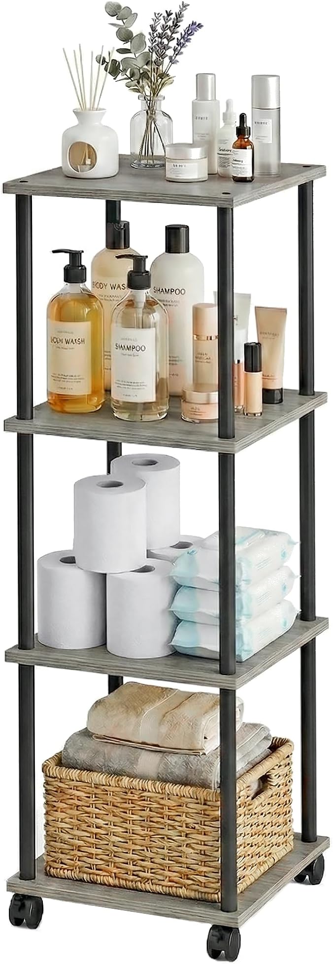 Bathroom Shelving Unit with Wheels, 4-Tier Narrow Open Floor Shelves, Metal Corner Slim Storage Rack for Bathroom Laundry Room Kitchen Living Room, Oak Grey