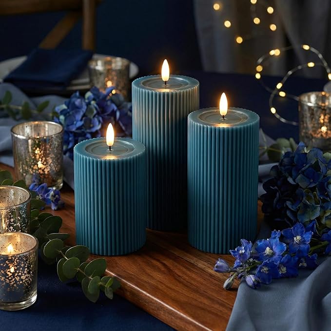 WYZworks Fluted Ribbed LED Pillar Candles, Blue, with Realistic Reflective Melted-Wax Effect – Flickering Flame, Remote, Dimmable, Flameless, Battery Operated, Home & Wedding Decor (Set of 3)