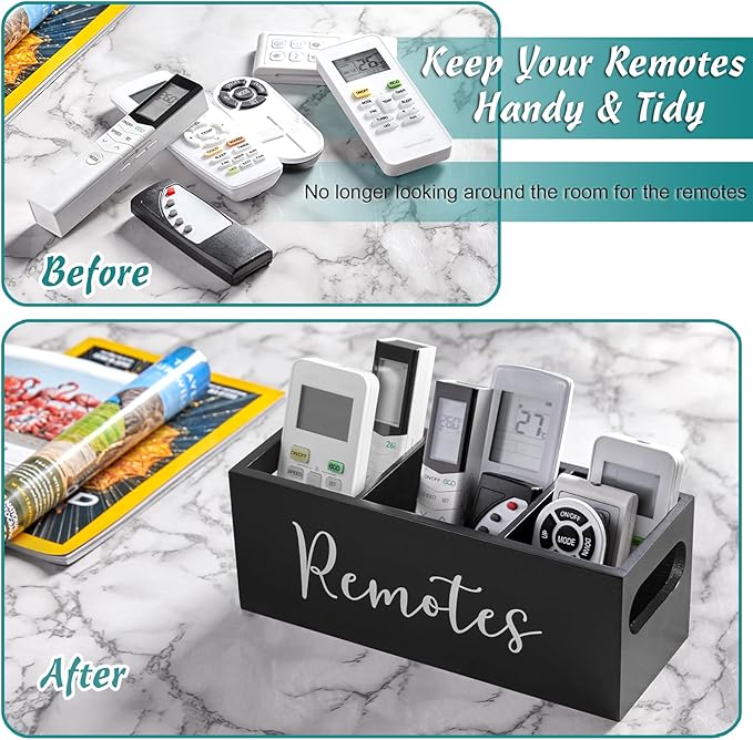 DRASTAR Remote Control Holder, Wood TV Remote Holder, Remote Storage Caddy, Remote Control Organizer (Black, 3 Slots)
