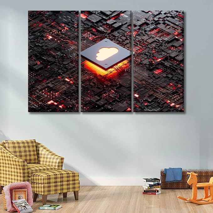 LSIUHWUWI Large Canvas Wall Art CPU Cloud Computing Picture Posters for Home Wall Decor, AI Pictures Print on Canvas Wall Art for Bedroom Office Wall Decor Framed Ready to Hang 20x40inchx3