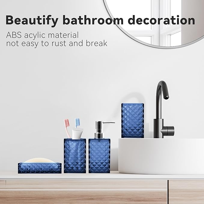 Bathroom Accessory Set, 4 PCS Blue Bathroom Accessories Sets, Soap Dispenser and Toothbrush Holder Set, Soap Dish and Mouthwash Cup, Boho Bathroom Decor, Bathroom Sets Accessories