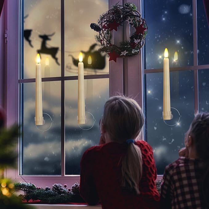 Flameless Taper Candles Flickering with Remote Timer, 4PCS Battery Operated Window Candles with Gold Candlesticks and Suction Cups, 8 Inch Warm White 3D Flame Candle for Home Xmas Decor(Ivory)