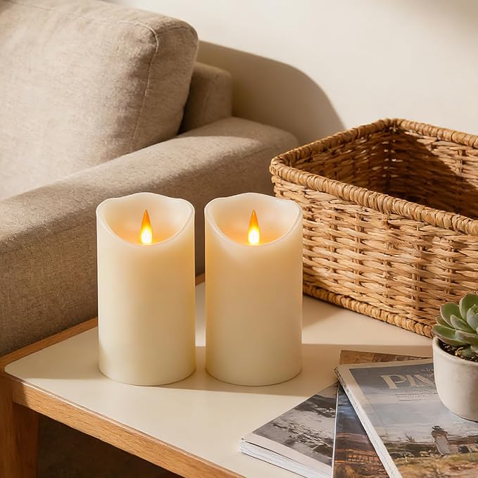 Rechargeable LED Flameless Pillar Candles, Ivory Real Wax Flickering Candles with Remote & 2/4/6/8H Timer, USB Rechargeable LED Candles for Home & Outdoor Decor (Set of 2)