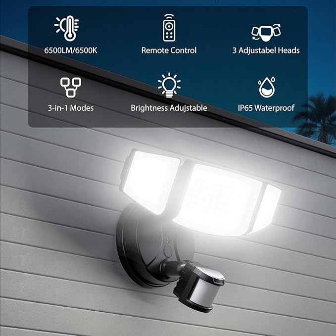 iMaihom 65W 6500LM LED Security Lights Motion Sensor Light Outdoor, 6500K Daylight, IP65 Waterproof, Dusk to Dawn, Hardwired 3-Head Motion Detected Flood Light for Garage, Yard, Porch (Black, 1 Pack)