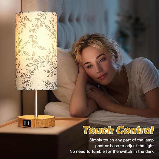 Bedside Touch Lamps for Nightstand with 2 USB Charging Ports, 3 Way Dimmable Wood Bedroom Lamp with Flower Fabric Shade, Small Table Lamp for Living Room Reading Desk (LED Bulb Included)