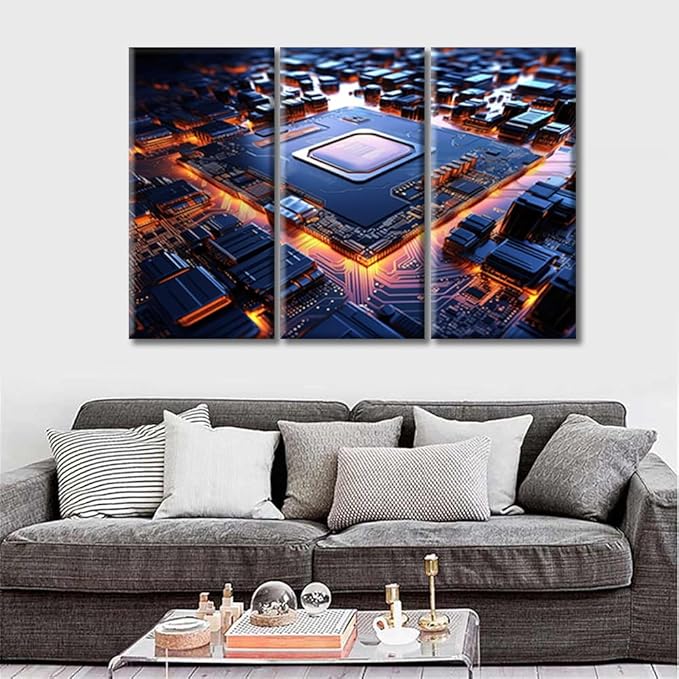 Visual Art Decor 3 Pieces Canvas Wall Art Computer Processors CPU Picture Prints Art Work for Home Circuit Board Pictures Modern Wall Art for Bedroom Bathroom Office Framed Ready to Hang (36"Wx24"H)
