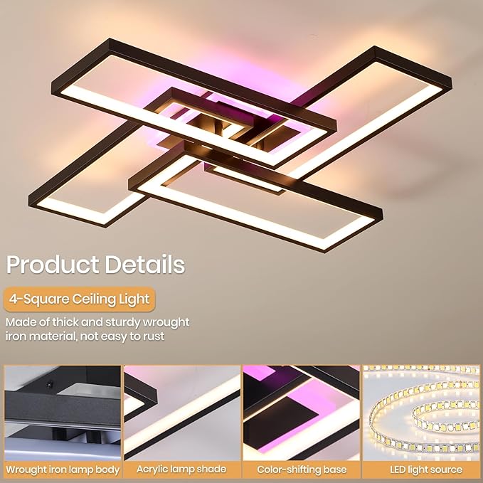 Modern Minimalist LED Flush Mount Ceiling Light Fixture - 50W Dimmable 3000-6000K Black with Remote & APP Control for Bedroom, Living Room, Kitchen, Balcony