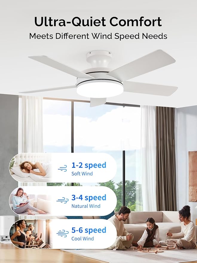 Orison Ceiling Fans with Lights, 45 Inch Low Profile Ceiling Fan with Light and Remote/APP Control, RGB Backlight & LED 3CCT Dimmable, DC Reversible Motor, 6 Speeds, 5 Reversible Blades White