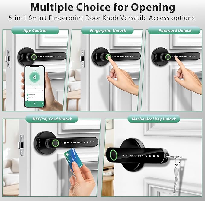 Smart Door Lock with Knob, Keyless Entry Door Locks with Handle, Fingerprint Door Knob for Bedroom/Front Door/Apartment,Generate Passcode Remotely Black