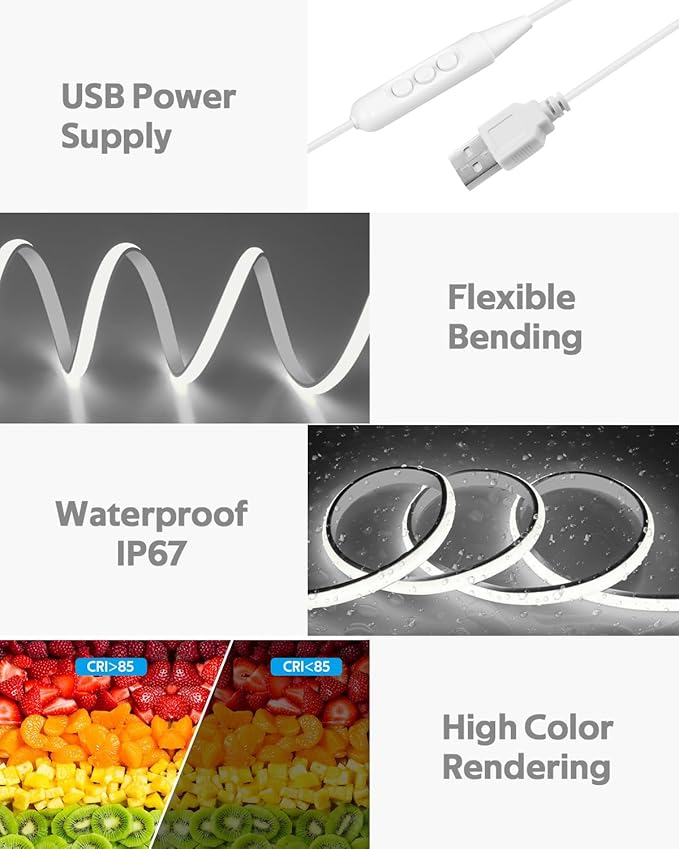 2M COB LED Rope Light Outdoor USB Powered 6.6FT 5V LED Light Strip with Dimmer Daylight White 6000K Dimmable 640LEDs/2M Waterproof IP67 Flexible LED Strip Light for Indoor Room TV Backlight