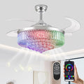 52” Bluetooth Ceiling Fan with Light and Speaker,RGB Retractable Blades Crystal Fandelier Music Player LED Chandelier 6-Speed APP Control Timer Remote for Bedroom Silver