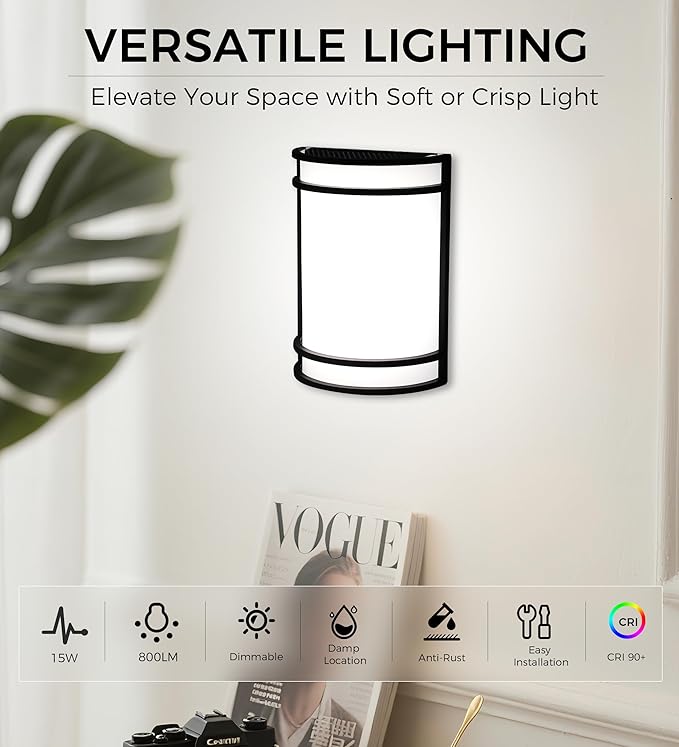 CLOUDY BAY LED 3 Color Wall Sconce,Wall Lighting,3000K/4000K/5000K Color Temperature Adjustable Wall Mount Light Fixture,15W 120V Dimmable CRI 90+ LED Wall Light,Black