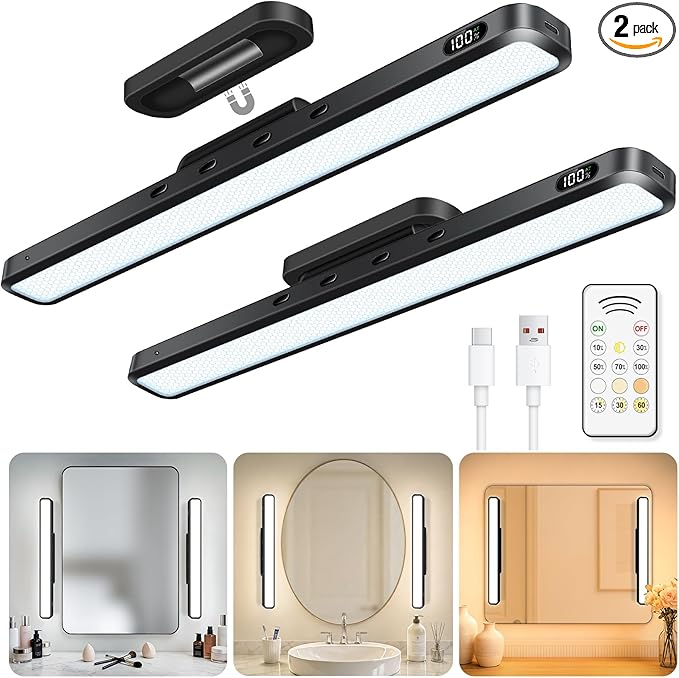 WILLED 3W Mirror Lights with Remote Control,Eye-Friendly Magnetic Light Bar with Battery Level Display,Adjustable Color Temperatures Vanity Lights for Mirror,Makeup Lighting for Bathroom(2 Pack)